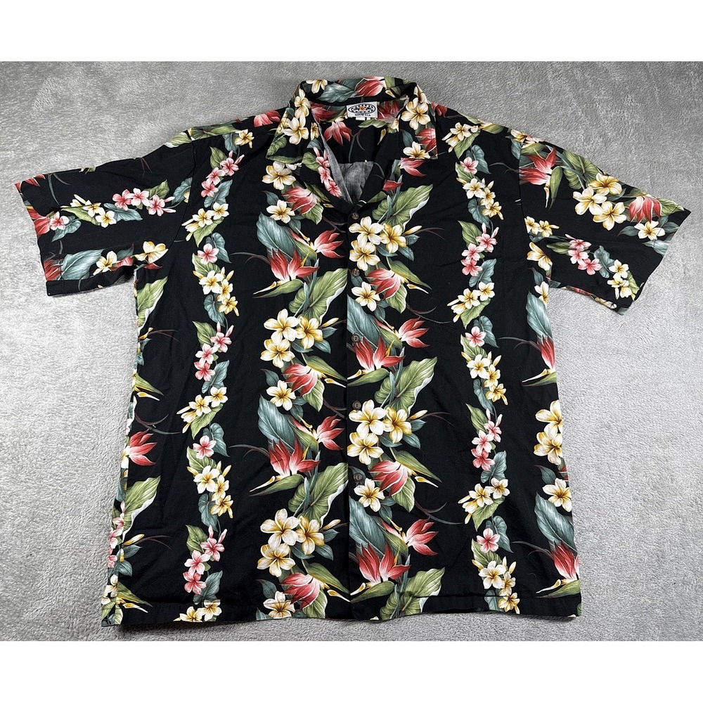 Vintage Pacific Legends Men's Tropical Floral Print Hawaiian Shirt Black Size XL